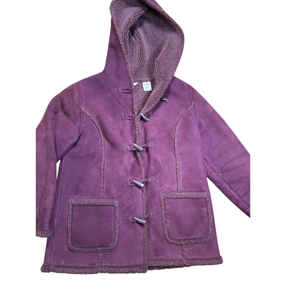 Womens Purple Suede Sherpa Lined Hooded Toggle Coat Jacket